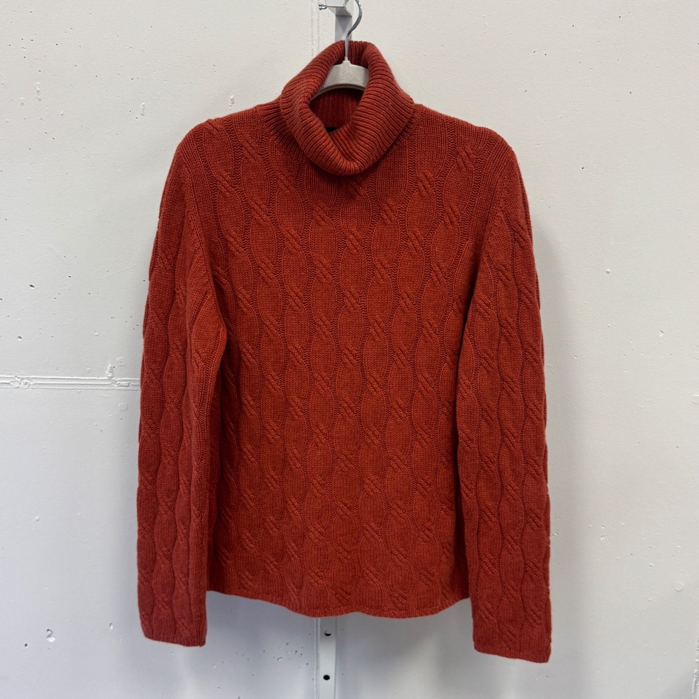 Vintage Pure Cashmere Turtleneck Sweater Burnt Orange Cable Knit 100% Cashmere